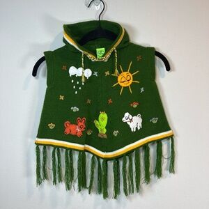 Alpaca Embroidered Hooded Poncho Green Fringe Hem Felt Animals Lace Up Kids Sz 2